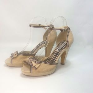 American Eagle Womens Heel Shoes 10 Canvas Peep Toe Ankle Strap Bows Plaid